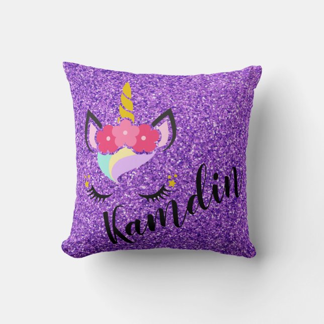 Personalized Unicorn Purple Glitter Pillow (Front)