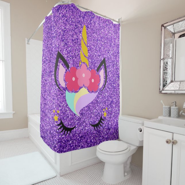 Personalized Unicorn Purple Glitter Shower Curtain (In Situ)