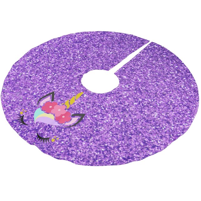 Personalized Unicorn Purple Glitter Tree Skirt (Angled)