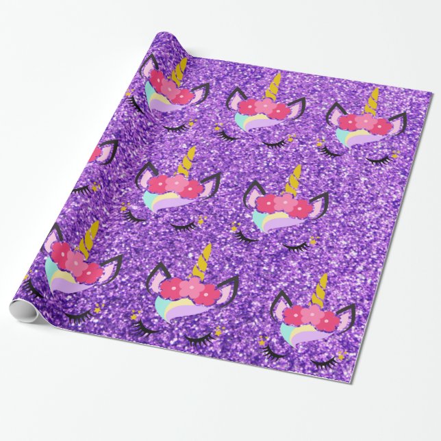 Personalized Unicorn Purple Glitter Wrapping Paper (Unrolled)