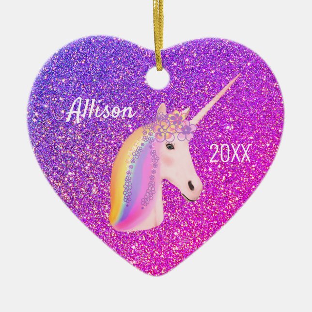 Personalized Unicorn Purple Pink Glitter Heart Ceramic Ornament (Front)