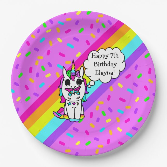 Personalized Unicorn, Rainbow and Butterfly Paper Plate (Front)
