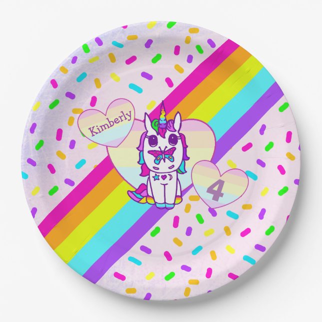 Personalized Unicorn, Rainbow and Butterfly Paper Plate (Front)