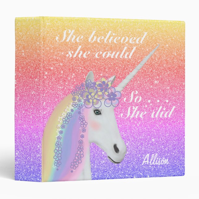 Personalized Unicorn Rainbow Glitter  Binder (Front/Spine)
