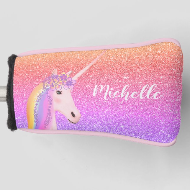 Personalized Unicorn Rainbow Glitter Golf Head Cover (Front)
