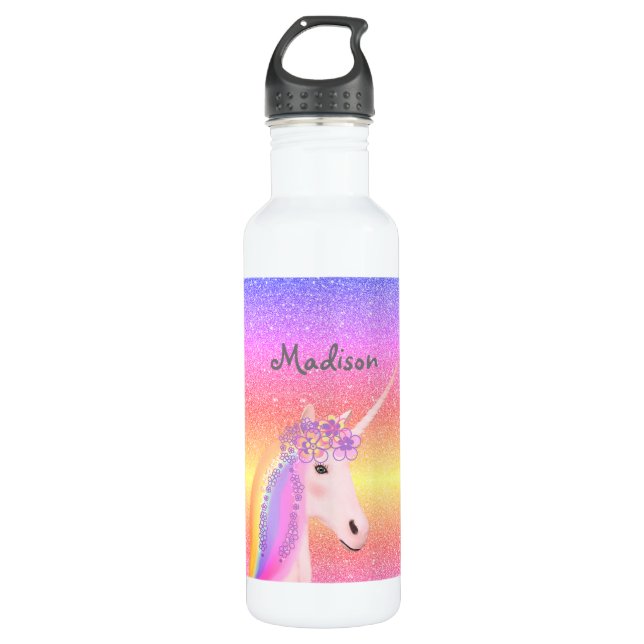 Personalized Unicorn Rainbow Glitter Kids  710 Ml Water Bottle (Front)