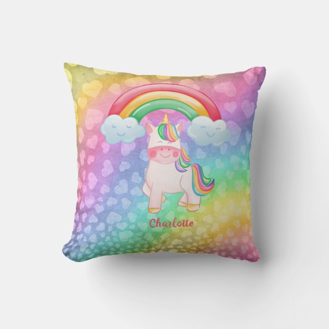 Personalized Unicorn Rainbow Hearts Throw Pillow (Front)