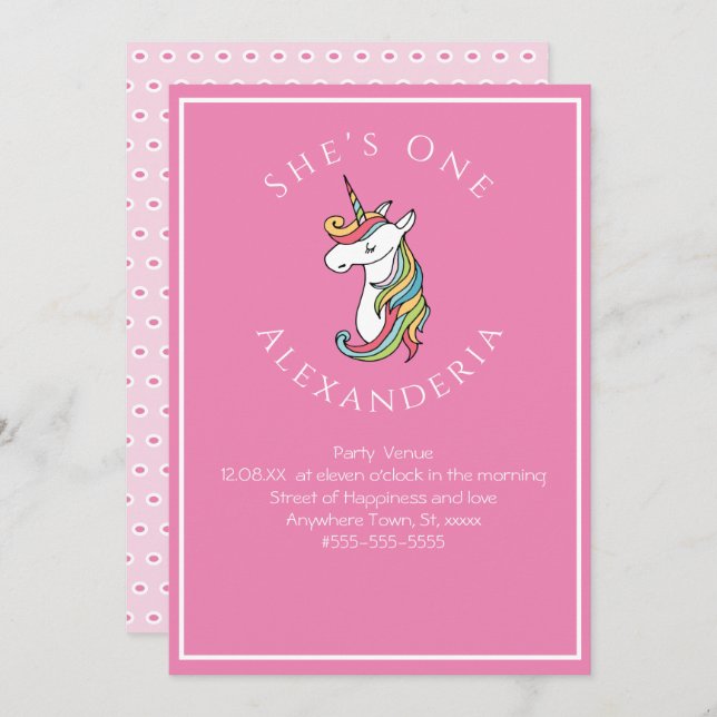 Personalized Unicorn rainbow Pink Gi 1st  birthday Invitation (Front/Back)