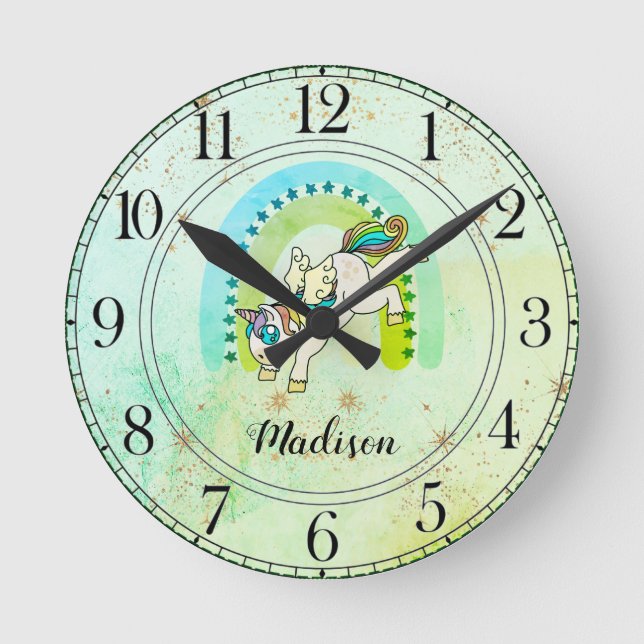 Personalized Unicorn Rainbow Watercolor Round Clock (Front)