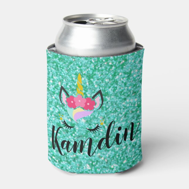 Personalized Unicorn Teal Glitt Koozie Can Holder (Can Front)
