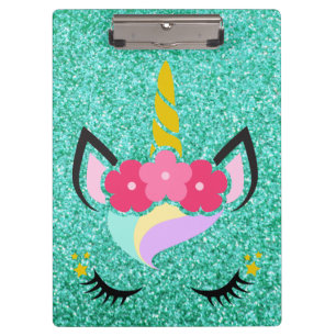 Personalized Unicorn Teal Glitter Clip Board