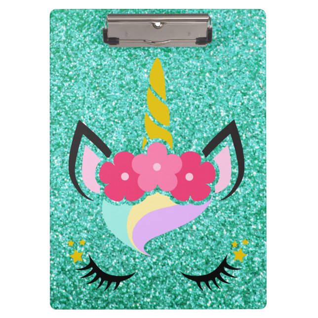 Personalized Unicorn Teal Glitter Clip Board (Front)