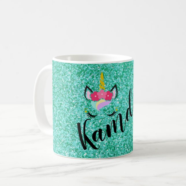 Personalized Unicorn Teal Glitter Coffee Mug (Front Left)
