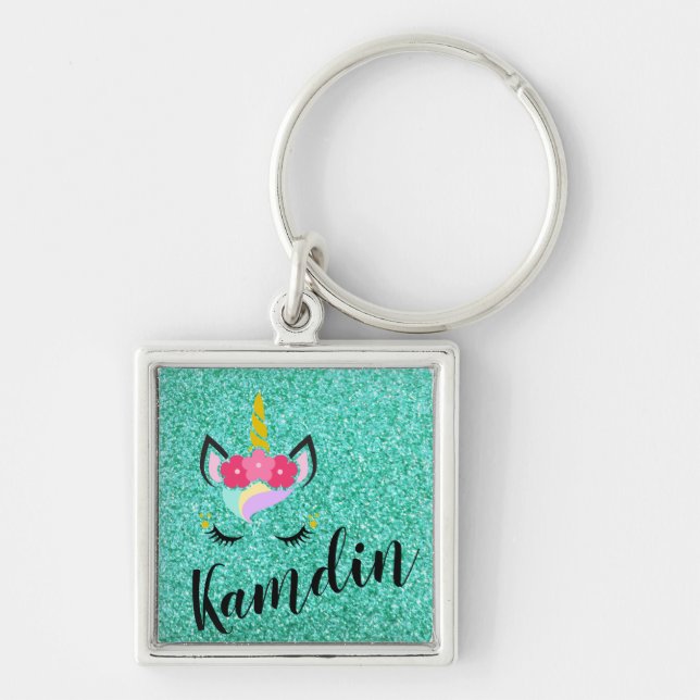Personalized Unicorn Teal Glitter Key Chain (Front)