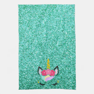 Personalized Unicorn Teal Glitter Kitchen Towel