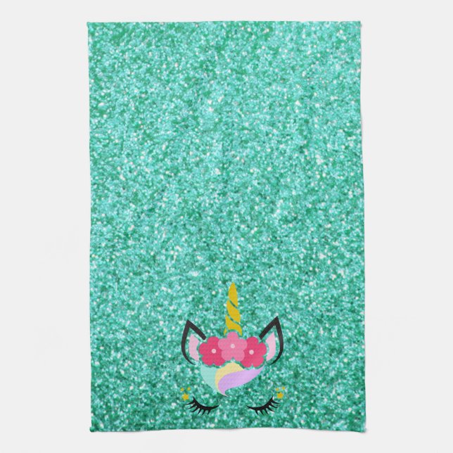 Personalized Unicorn Teal Glitter Kitchen Towel (Vertical)