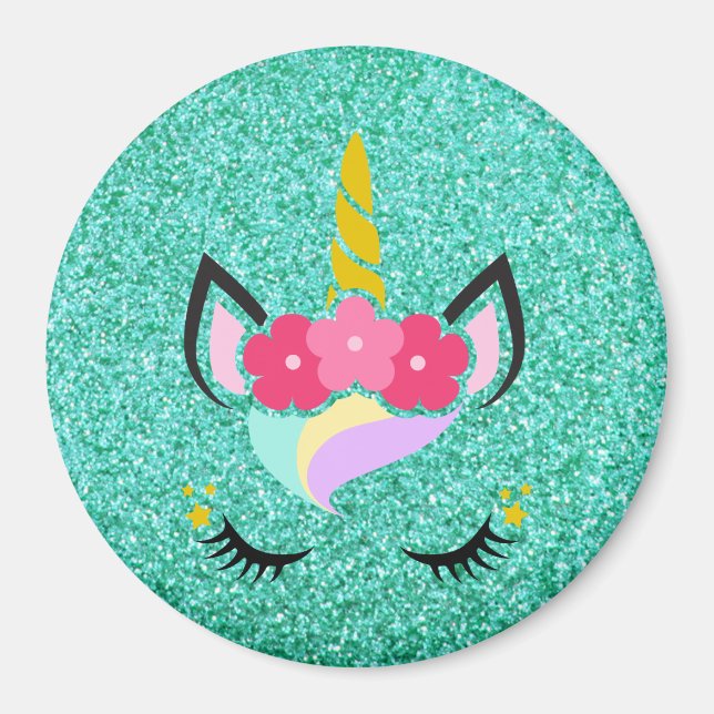 Personalized Unicorn Teal Glitter Magnet (Front)