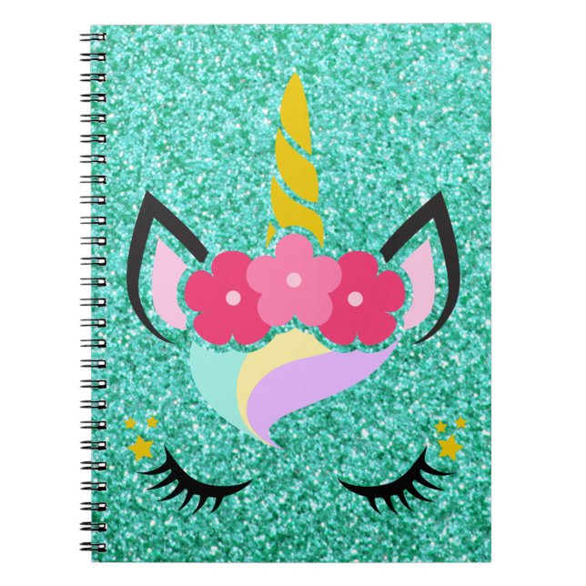 Personalized Unicorn Teal Glitter Note Book (Front)