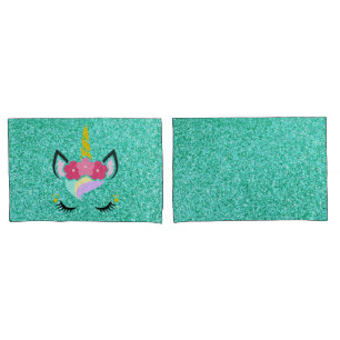 Personalized Unicorn Teal Glitter Pillow Cases