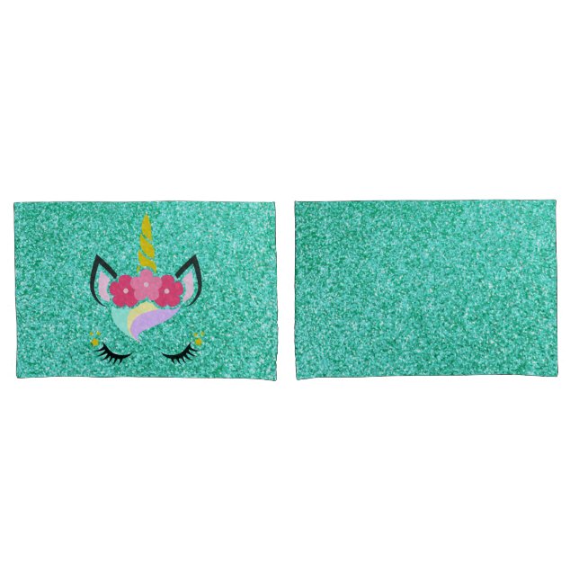 Personalized Unicorn Teal Glitter Pillow Cases (Front-Set)