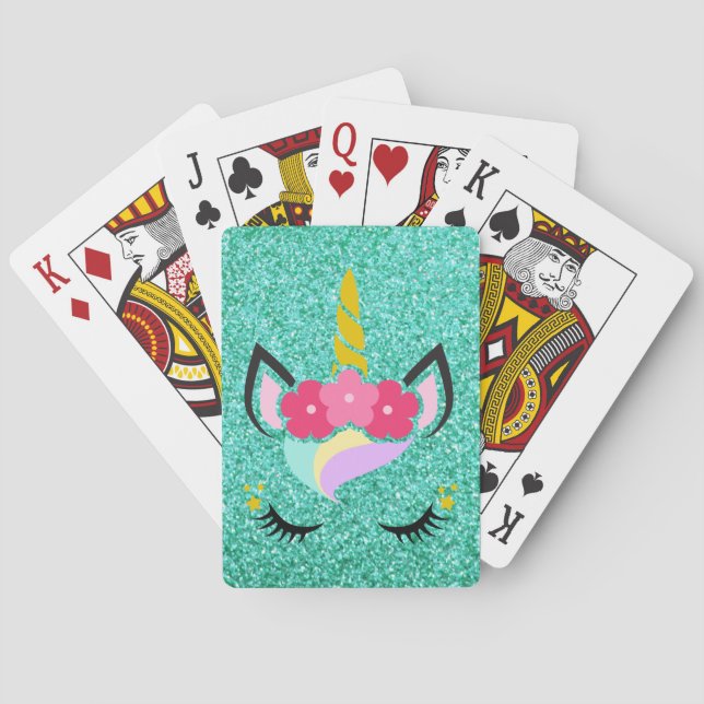 Personalized Unicorn Teal Glitter Playing Cards (Back)