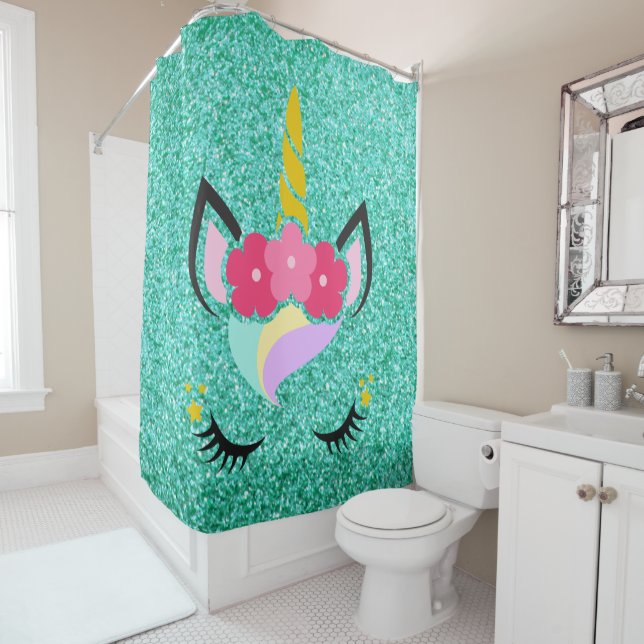 Personalized Unicorn Teal Glitter Shower Curtain (In Situ)