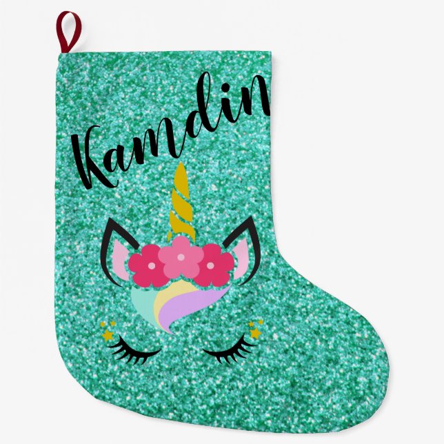 Personalized Unicorn Teal Glitter Stocking (Front)