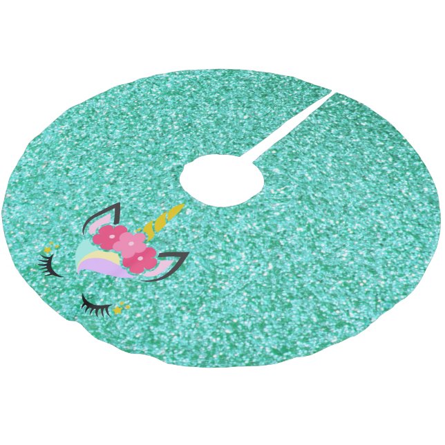 Personalized Unicorn Teal Glitter Tree Skirt (Angled)