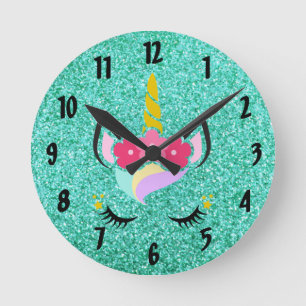 Personalized Unicorn Teal Glitter Wall Clock