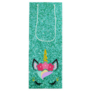Personalized Unicorn Teal Glitter Wine Gift Bag