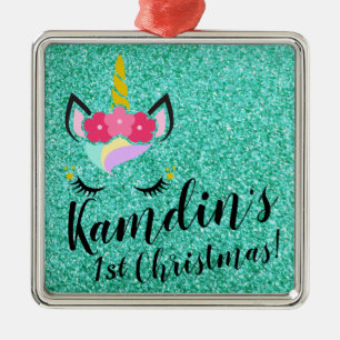 Personalized Unicorn Teal Glitter XMAS Ornament