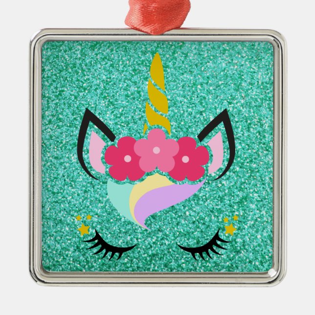 Personalized Unicorn Teal Glitter XMAS Ornament (Front)
