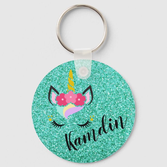 Personalized Unicorn Teal Key Chain Zipper Pull (Front)