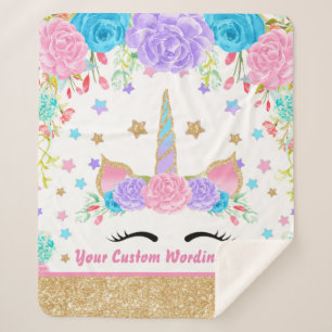 Personalized Unicorn Watercolor flower Sherpa Blanket