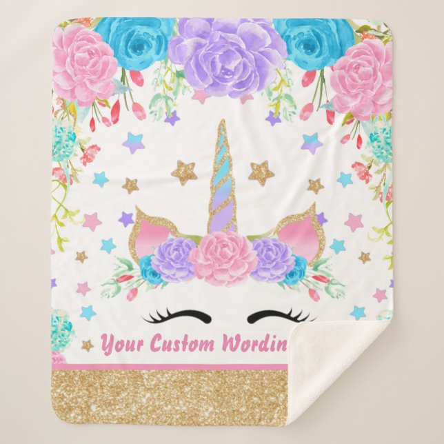Personalized  Unicorn Watercolor flower Sherpa Blanket (Front)