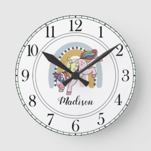 Personalized Unicorn Watercolor Rainbow Round Clock
