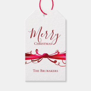 Personalized Unique Red Ribbon Merry Christmas Gift Tags