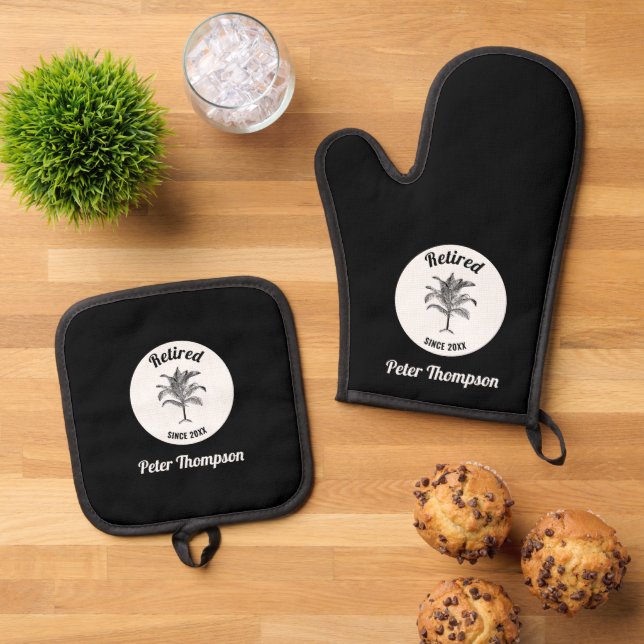 Personalized Unique Retirement Gift Oven Mitt & Pot Holder Set (Top Down)