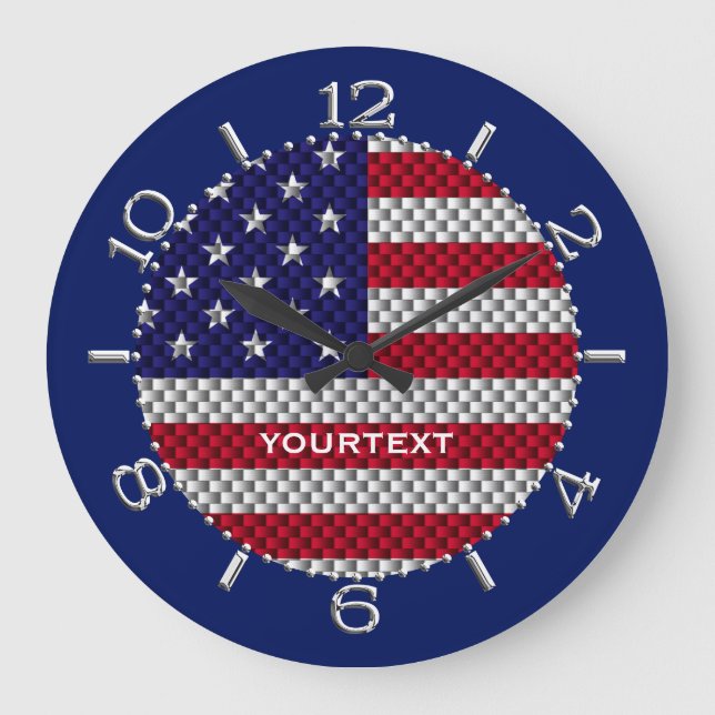 Personalized US Flag on Carbon Fibre Like Print Large Clock (Front)