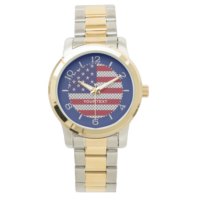 Personalized US Flag on Carbon Fibre Like Print Watch (Front)