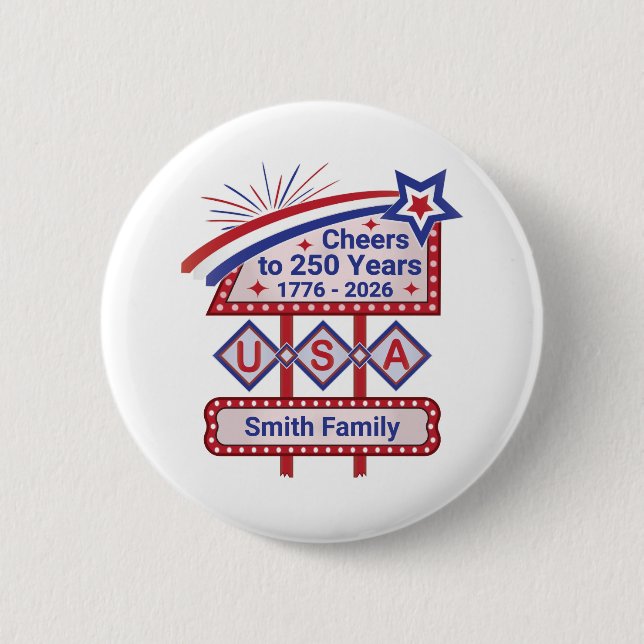 Personalized USA 250–Patriotic Retro Marquee 2 Inch Round Button (Front)
