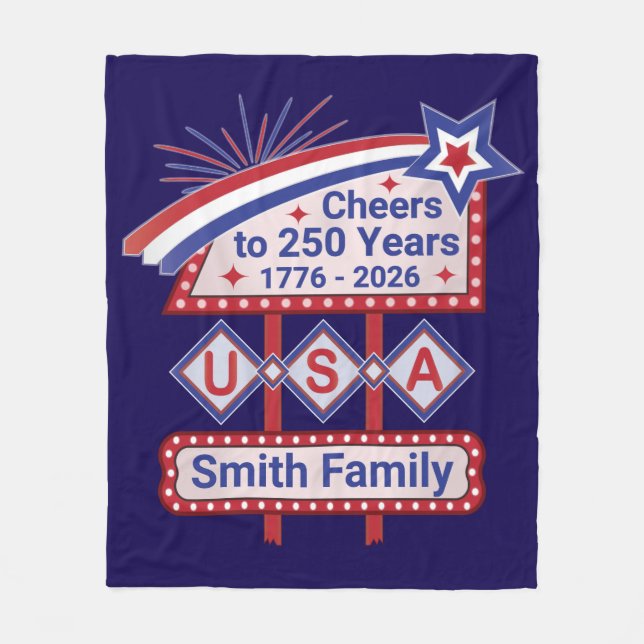 Personalized USA 250–Patriotic Retro Marquee Fleece Blanket (Front)