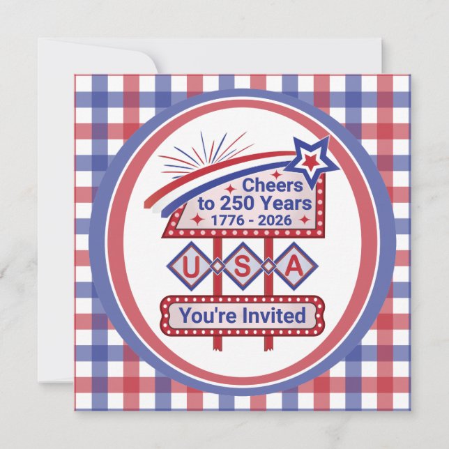 Personalized USA 250–Patriotic Retro Marquee Invitation (Front)