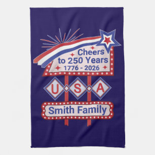 Personalized USA 250–Patriotic Retro Marquee Kitchen Towel