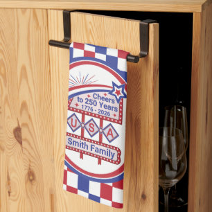Personalized USA 250–Patriotic Retro Marquee Kitchen Towel