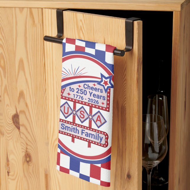 Personalized USA 250–Patriotic Retro Marquee Kitchen Towel (Thirds Fold)