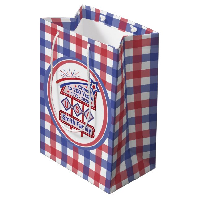 Personalized USA 250–Patriotic Retro Marquee Medium Gift Bag (Back Angled)