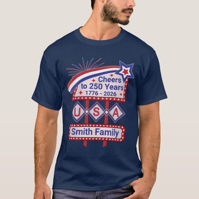 Personalized USA 250–Patriotic Retro Marquee T-Shirt (Front)