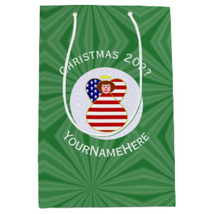 Personalized USA Angel Christmas Flag Red Hair Medium Gift Bag