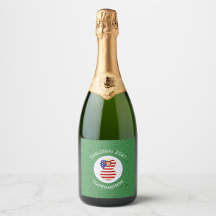 Personalized USA Angel Christmas Flag Red Hair Sparkling Wine Label